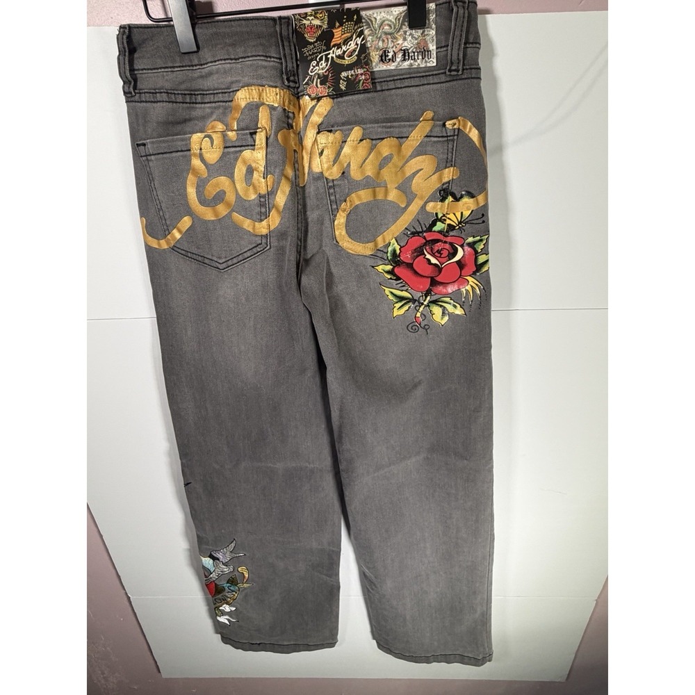 Ed Hardy Wide Leg Jeans Light Gray Tattoo Graphic Love Kills Slowly WEHD8300-6 2